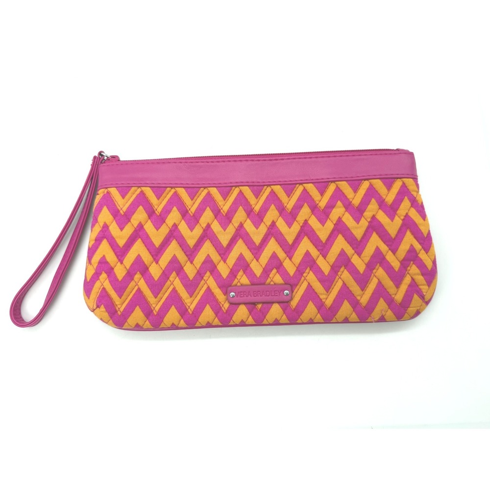 Vera Bradley Hot Pink Orange Chevron Quilted Wristlet Clutch Pouch Zip Bag